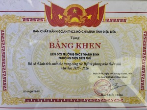 Liên đội Trường THCS Thanh Bình, phường Điện Biên Phủ vinh dự được Ban Chấp hành Đoàn TNCS Hồ Chí Minh tỉnh Điện Biên tặng Bằng khen vì đã có thành tích xuất sắc trong công tác Đội và phong trào thiếu nhi năm học 2025–2026.