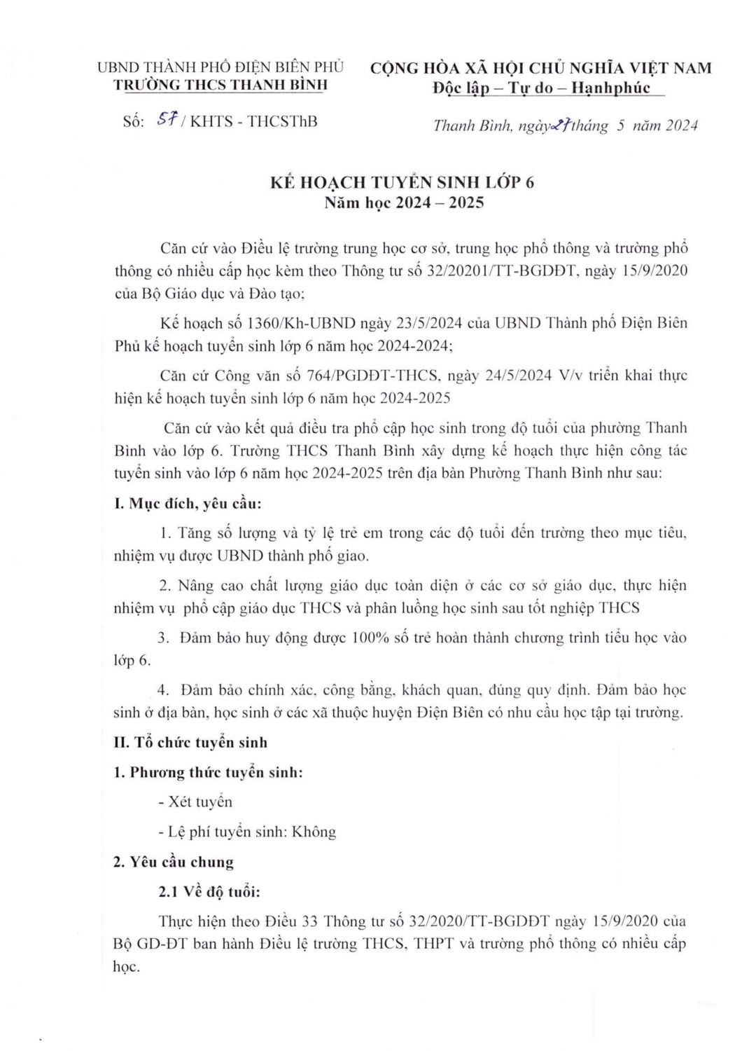 Kế hoạch tuyển sinh lớp 6 hình ảnh 0